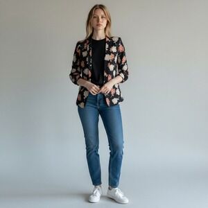 Calvin Klein Black/Orange Floral Open Front Blazer Jacket Size 2P